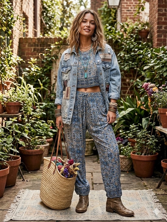 Free People Pants - Free People Blue Printed Relaxed set